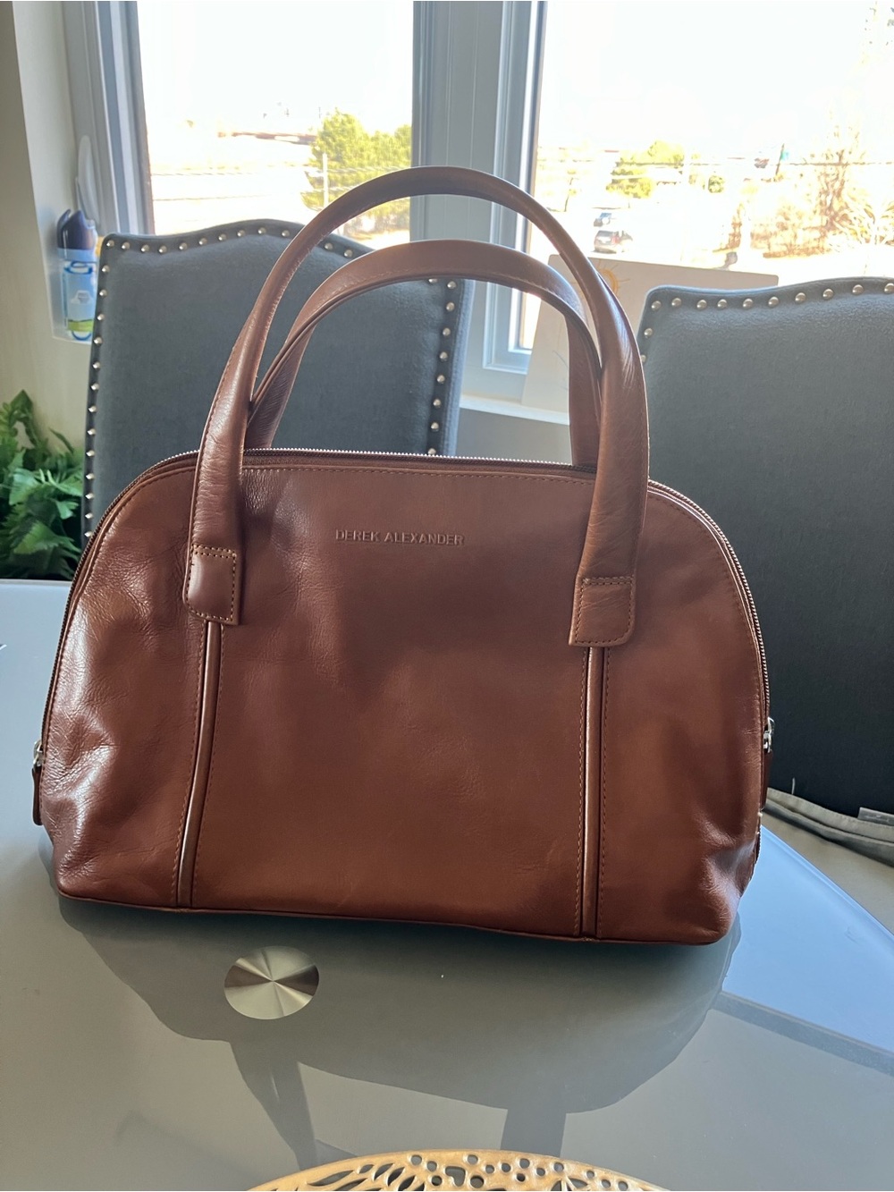 Tan Leather Satchel with Dual Top Handles